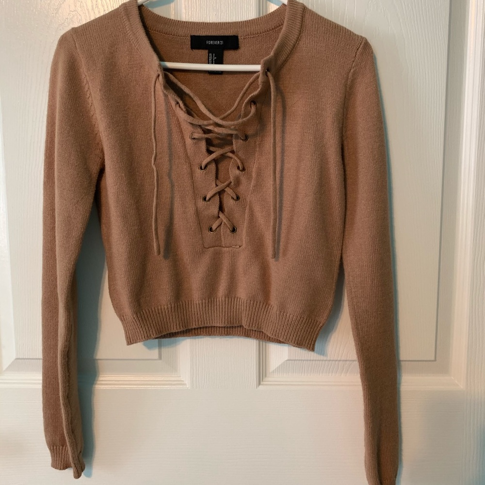 FOREVER 21 tie up tan sweater